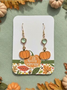 New Handmade Gold-Tone Pumpkin Dangle Earrings with Green Spacer Gem